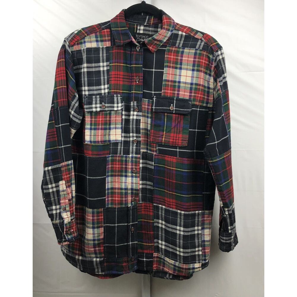 Topshop Shirt Women 4 Black Red Plaid 100% Cotton Button Up Shirt Long Sleeve - Picture 11 of 12